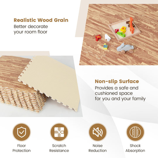 25 Tiles Wood Grain Foam Floor Mats with Borders- Natural
