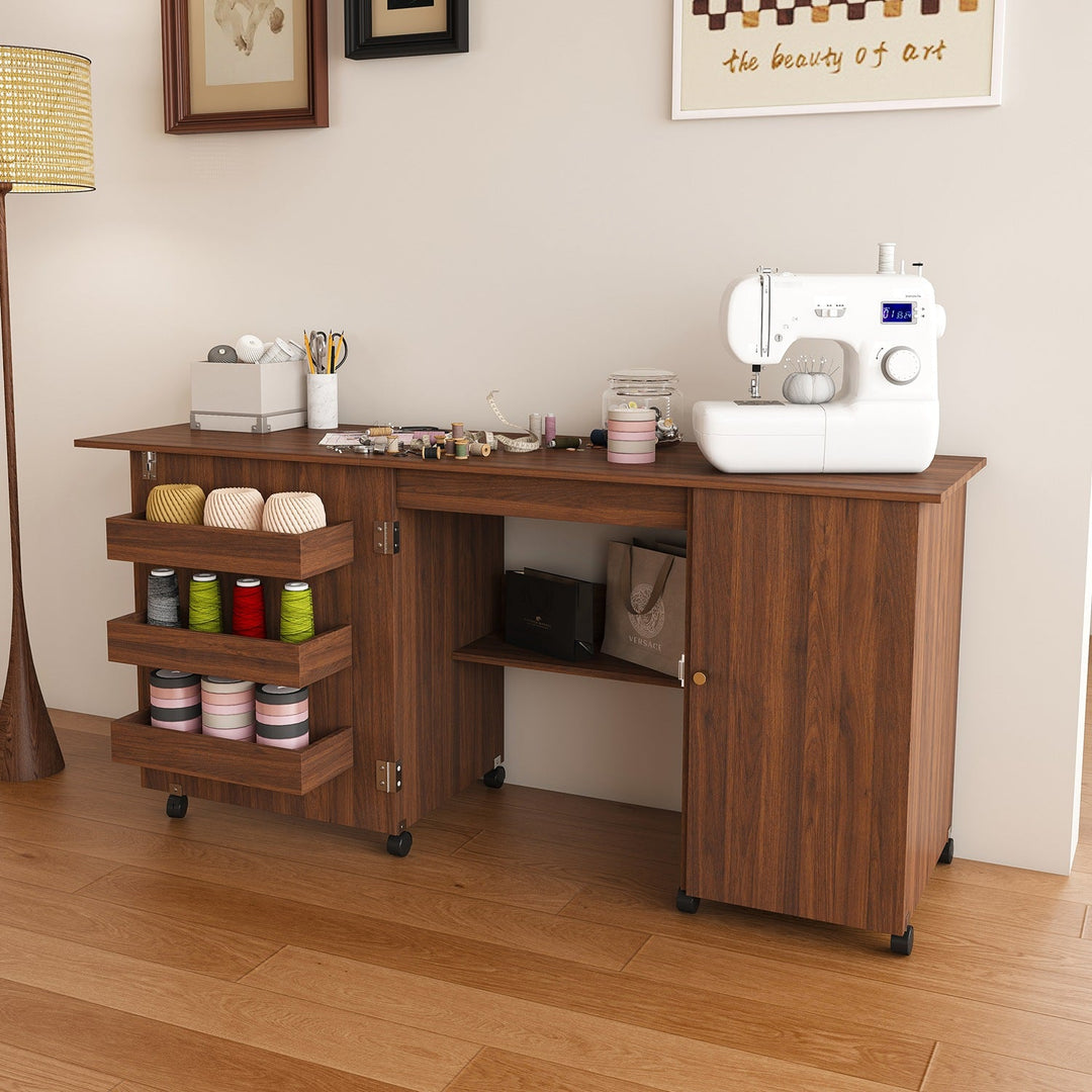 57.5" Foldable Sewing Machine Table with Storage & Casters