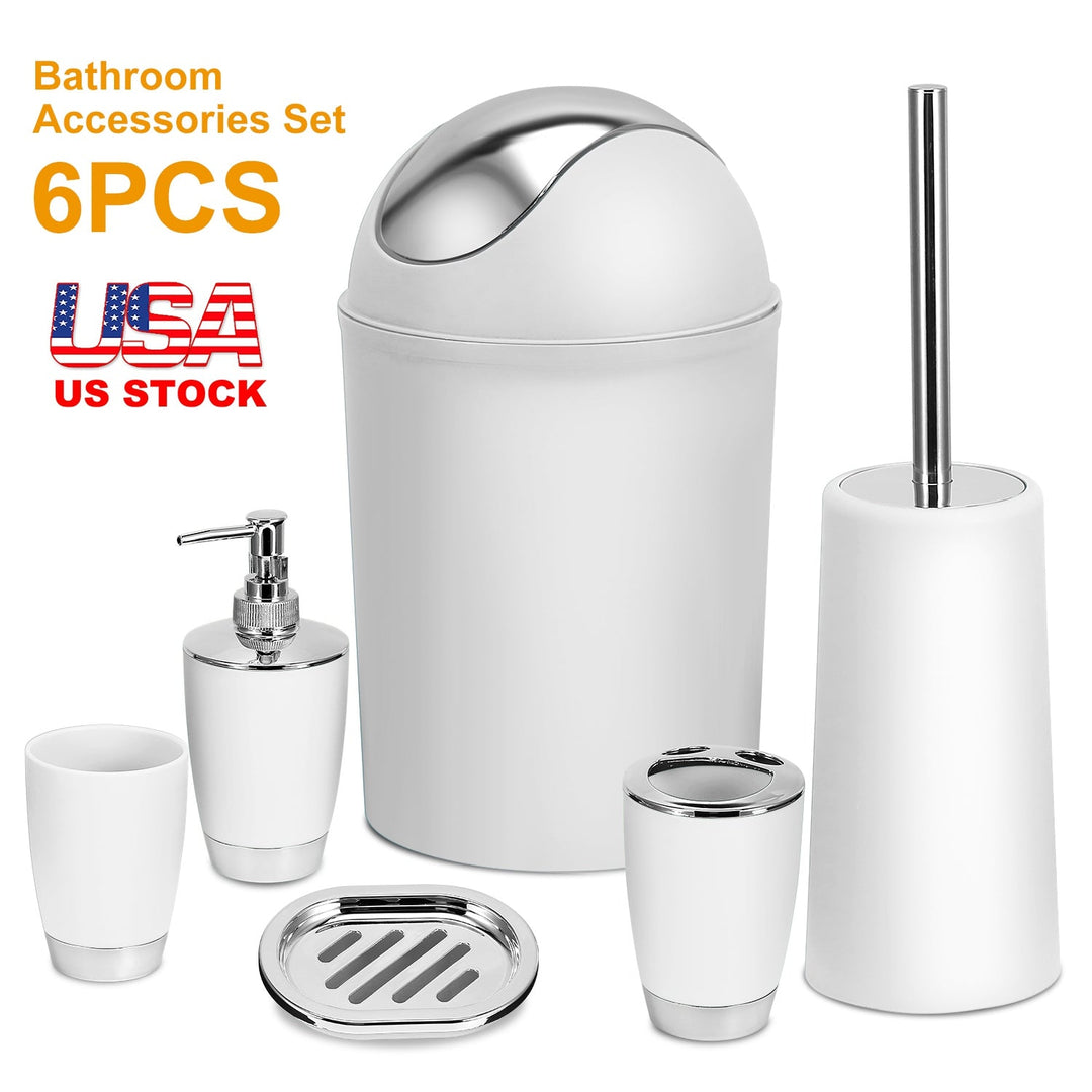 Bathroom Accessories Set 6 Pcs Bathroom Set Ensemble Complete Soap Dispenser Toothbrush Holder Tumbler Soap Dish Toilet Cleaning Brush Trash Can
