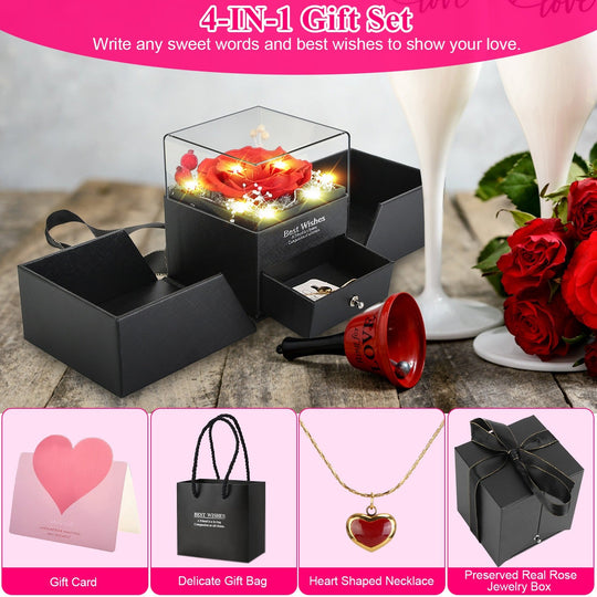Preserved Red Real Rose with Heart Necklace Eternal Flowers Rose with Golden Necklace Gifts for Women Mom Wife Girlfriend Grandma on Valentine Mother
