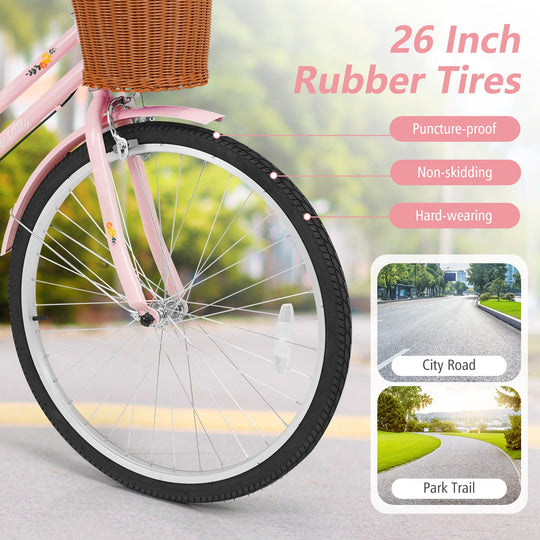 26" Beach Cruiser Bike for Women with Basket and Rear Rack