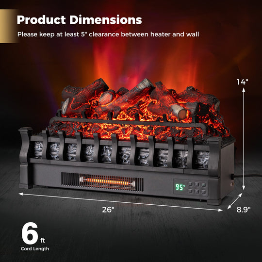 26 Inch WiFi Infrared Quartz Electric Fireplace Insert Logs Heater with Realistic Lemonwood Logs-Black