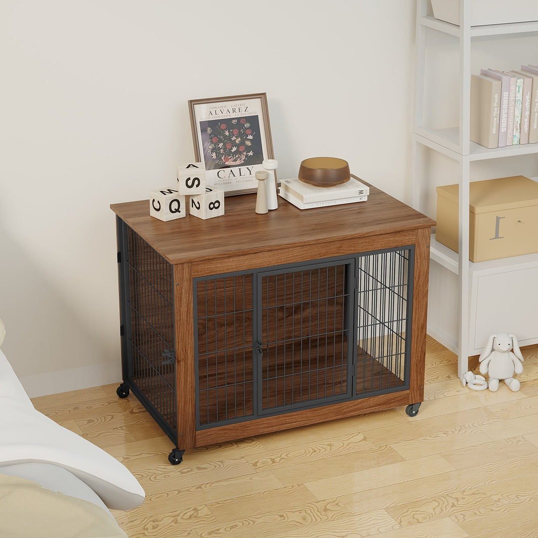 Dog Crate Furniture with Lockable Wheels & Dual Doors