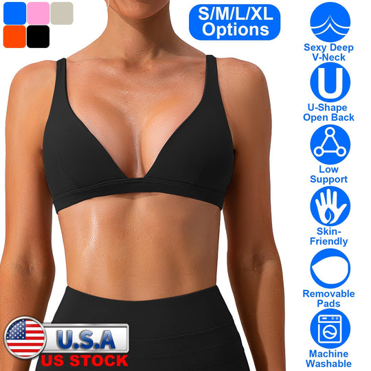Women Deep V-Neck Sports Bras U-Shaped Back Sport Bras Padded StrappyÊCrop Open Back Low Impact Bras SexyÊFitnessÊTank Tops with Removable Pads for Gy