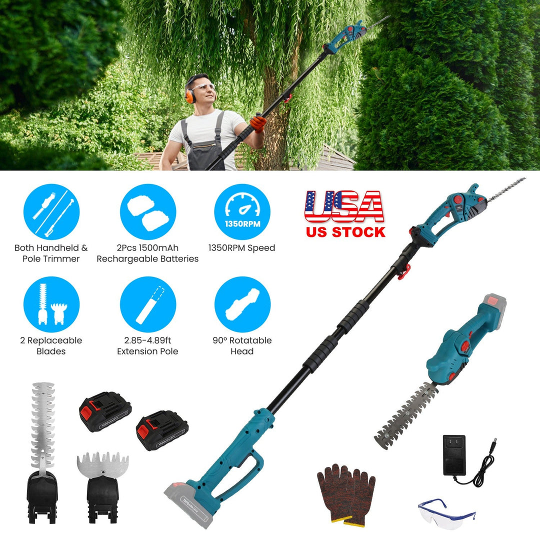 Pole Mini Hedge Trimmer & Grass Shear Electric Cordless Handheld Hedge Trimmer with 90¡ Rotatable Head Telescopic Extension Pole Gloves Goggles 2Pcs 2