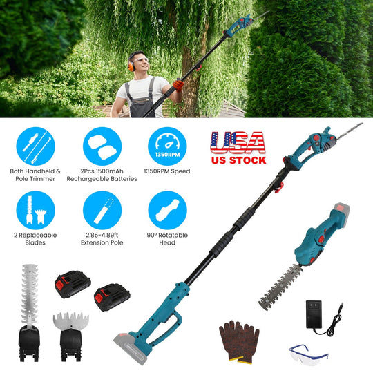 Pole Mini Hedge Trimmer & Grass Shear Electric Cordless Handheld Hedge Trimmer with 90¡ Rotatable Head Telescopic Extension Pole Gloves Goggles 2Pcs 2