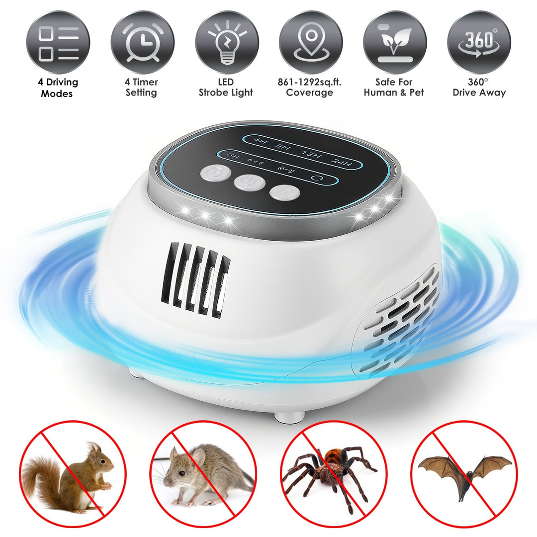 Ultrasonic Rodent Chaser Rat Repellent Pest Driver Mouse Control Squirrel Repeller with 4 Modes 4-65KHz Strobe Light 4 Timer 1292sq.ft. Coverage for R