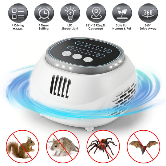 Ultrasonic Rodent Chaser Rat Repellent Pest Driver Mouse Control Squirrel Repeller with 4 Modes 4-65KHz Strobe Light 4 Timer 1292sq.ft. Coverage for R