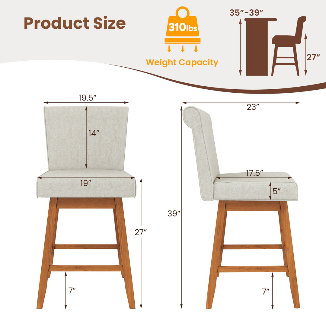 27 Inch Counter Height Bar Chairs with Rubber Wood Legs Set of 2
