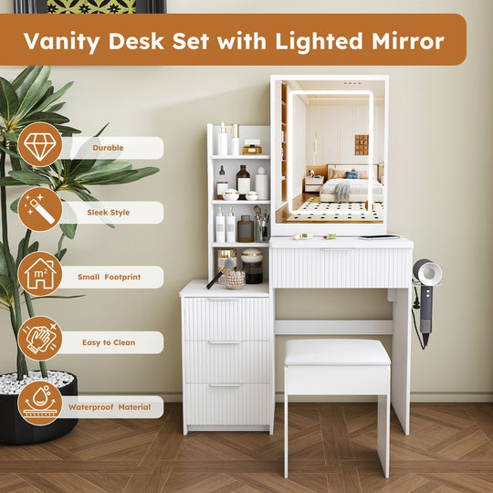 Vanity Desk Set Makeup Dressing Table with Stool, Lighted Mirror, 3 Drawers, 3 Open Shelves, 3 Open Cubbies, Power Stati