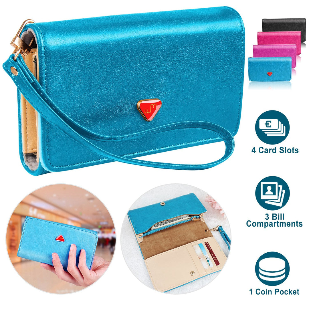 Women Wristlet Wallet PU Leather Lady Purse Credit Card Holder 4 Card Slots 3 Money Pouches 1 Coin Pocket