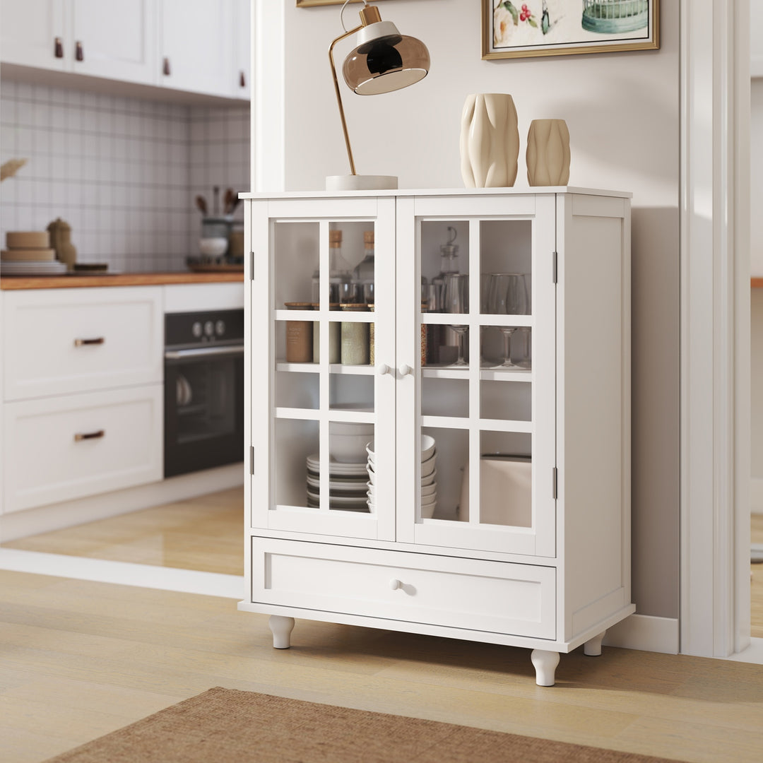 Buffet Cabinet with Glass Doors and Adjustable Shelves, Modern Storage Sideboard Cabine