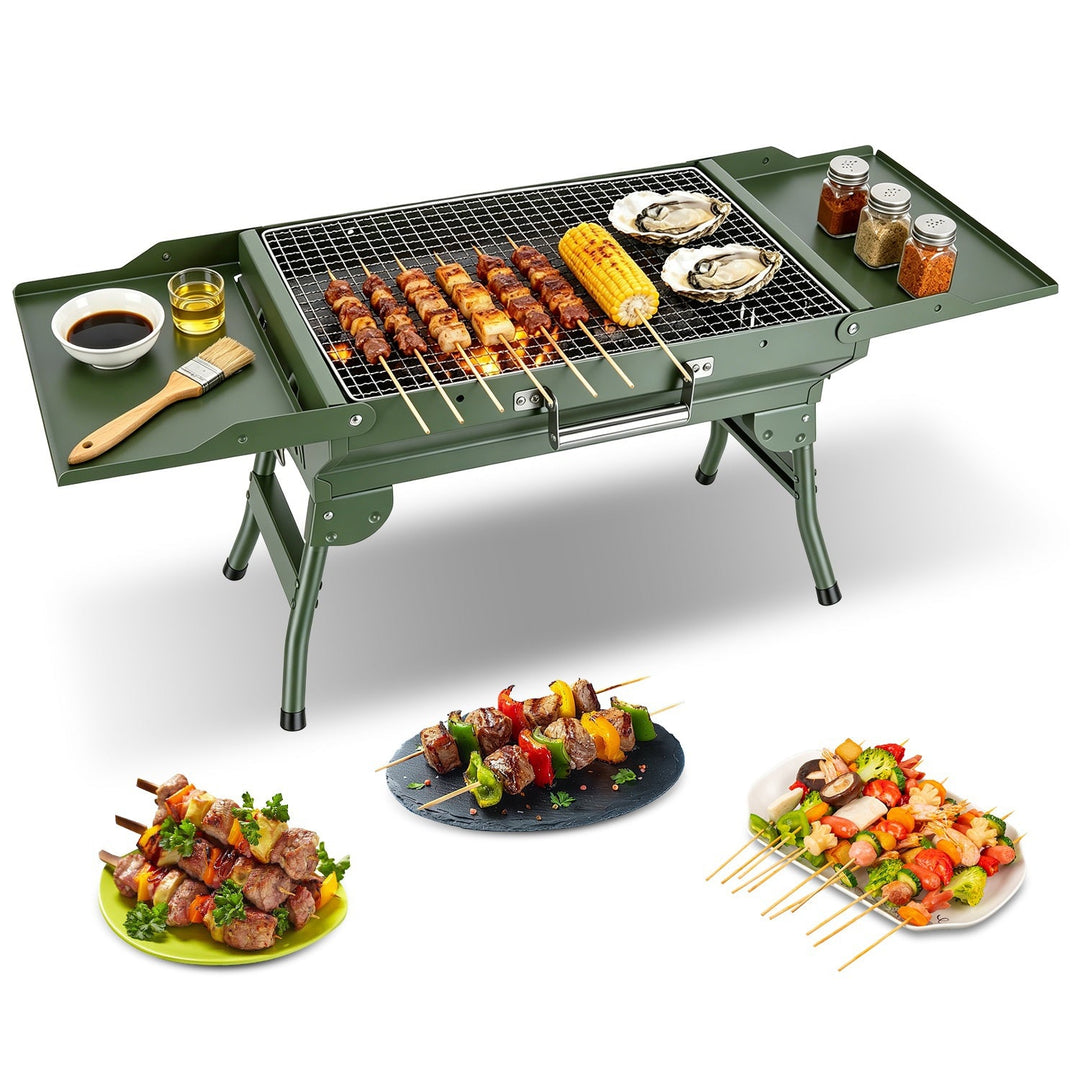 Foldable Charcoal Grill with Storage Shelf and 10 Skewers