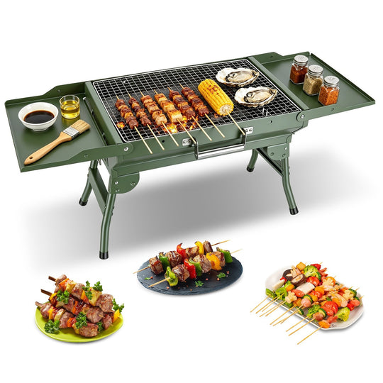 Foldable Charcoal Grill with Storage Shelf and 10 Skewers
