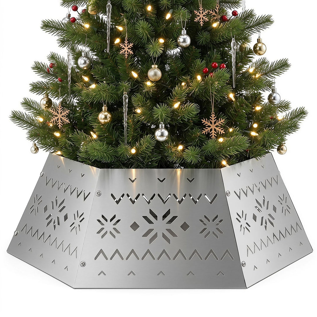 28 Inch Metal Hexagonal Christmas Tree Collar Silver 6-Piece Tree Skirt