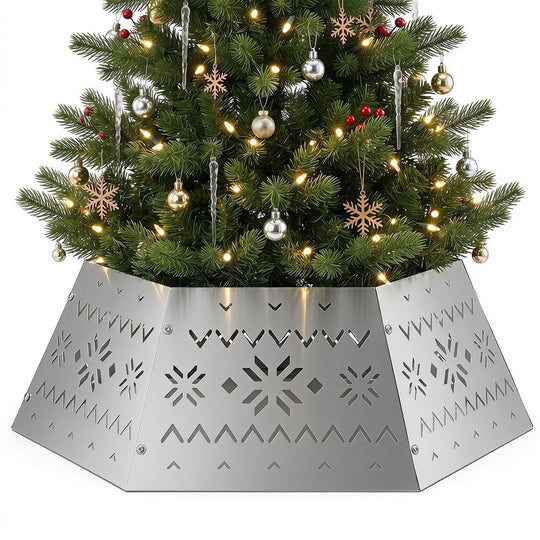 28 Inch Metal Hexagonal Christmas Tree Collar Silver 6-Piece Tree Skirt
