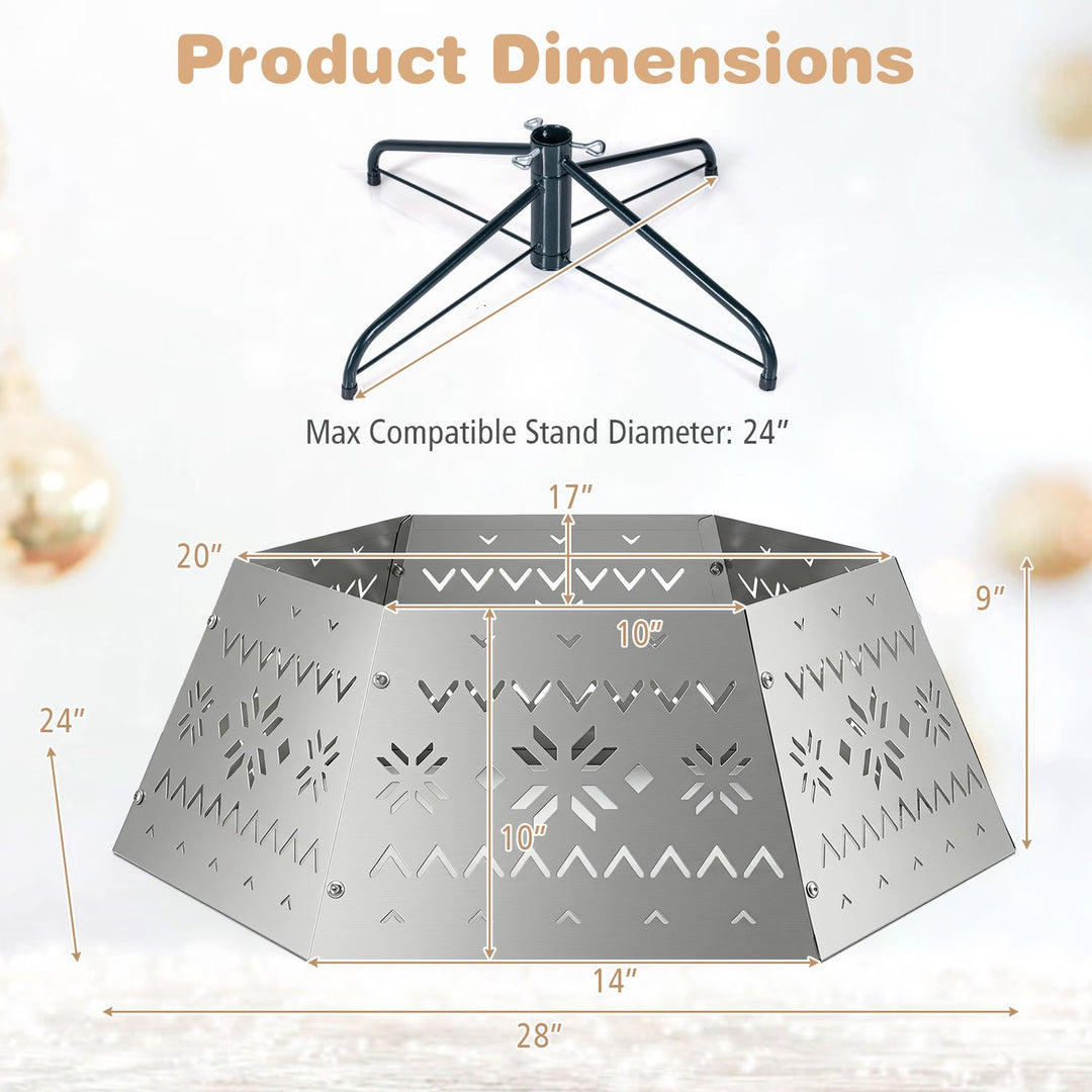 28 Inch Metal Hexagonal Christmas Tree Collar Silver 6-Piece Tree Skirt