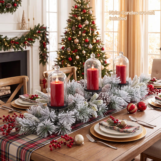 28" Foldable Christmas Centerpiece 3 Candle Holder Set of 2 with Pine Needles and 6 Natural Pine Cones