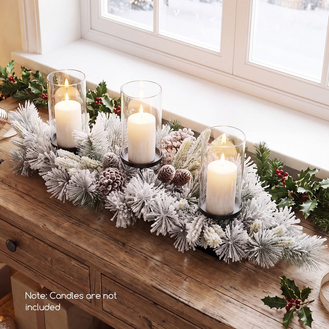 28" Foldable Christmas Centerpiece 3 Candle Holder Set of 2 with Pine Needles and 6 Natural Pine Cones
