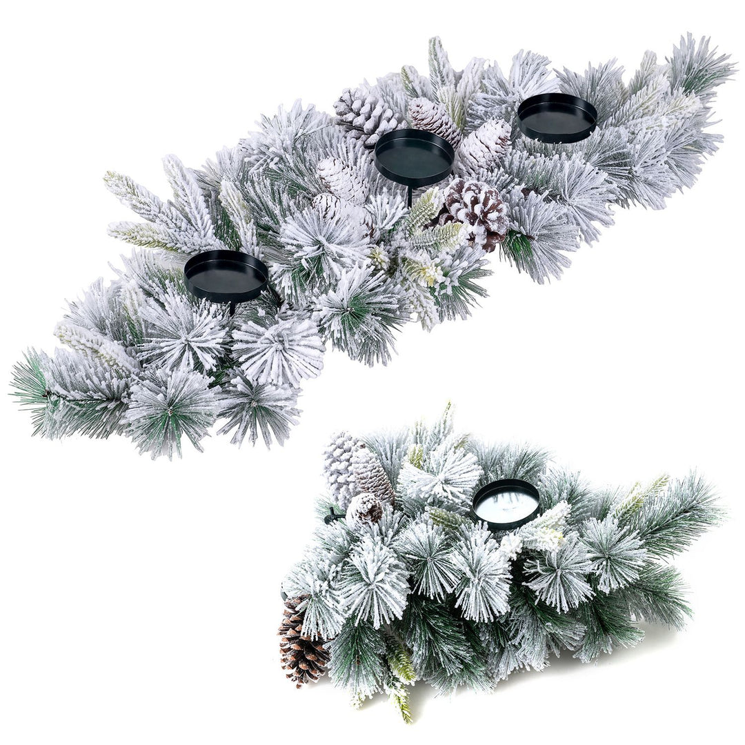 28" Foldable Christmas Centerpiece 3 Candle Holder Set of 2 with Pine Needles and 6 Natural Pine Cones
