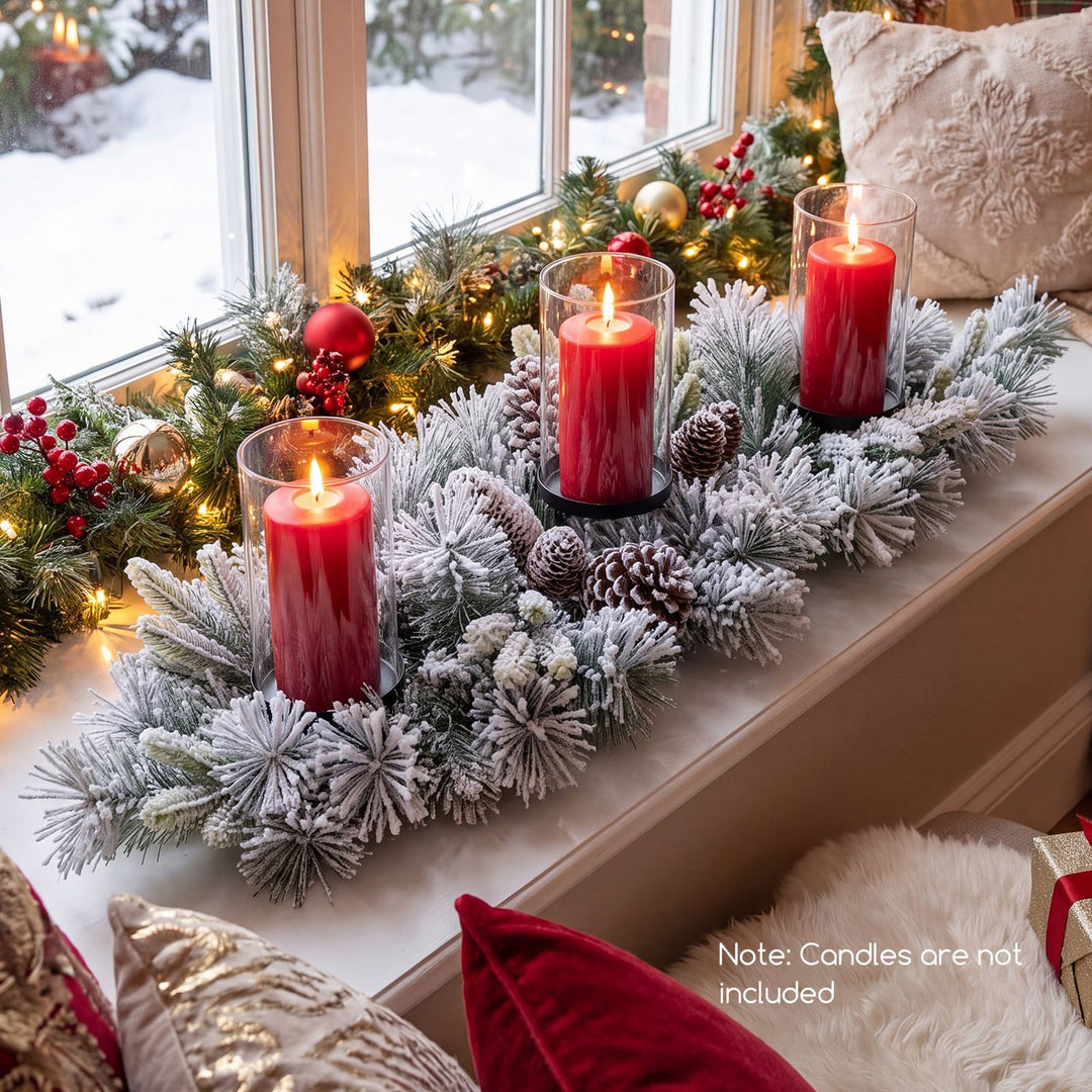 28" Foldable Christmas Centerpiece 3 Candle Holder Set of 2 with Pine Needles and 6 Natural Pine Cones