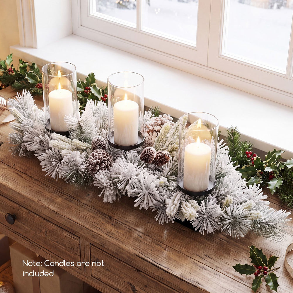 28" Foldable Christmas Centerpiece 3 Candle Holder Set of 2 with Pine Needles and 6 Natural Pine Cones