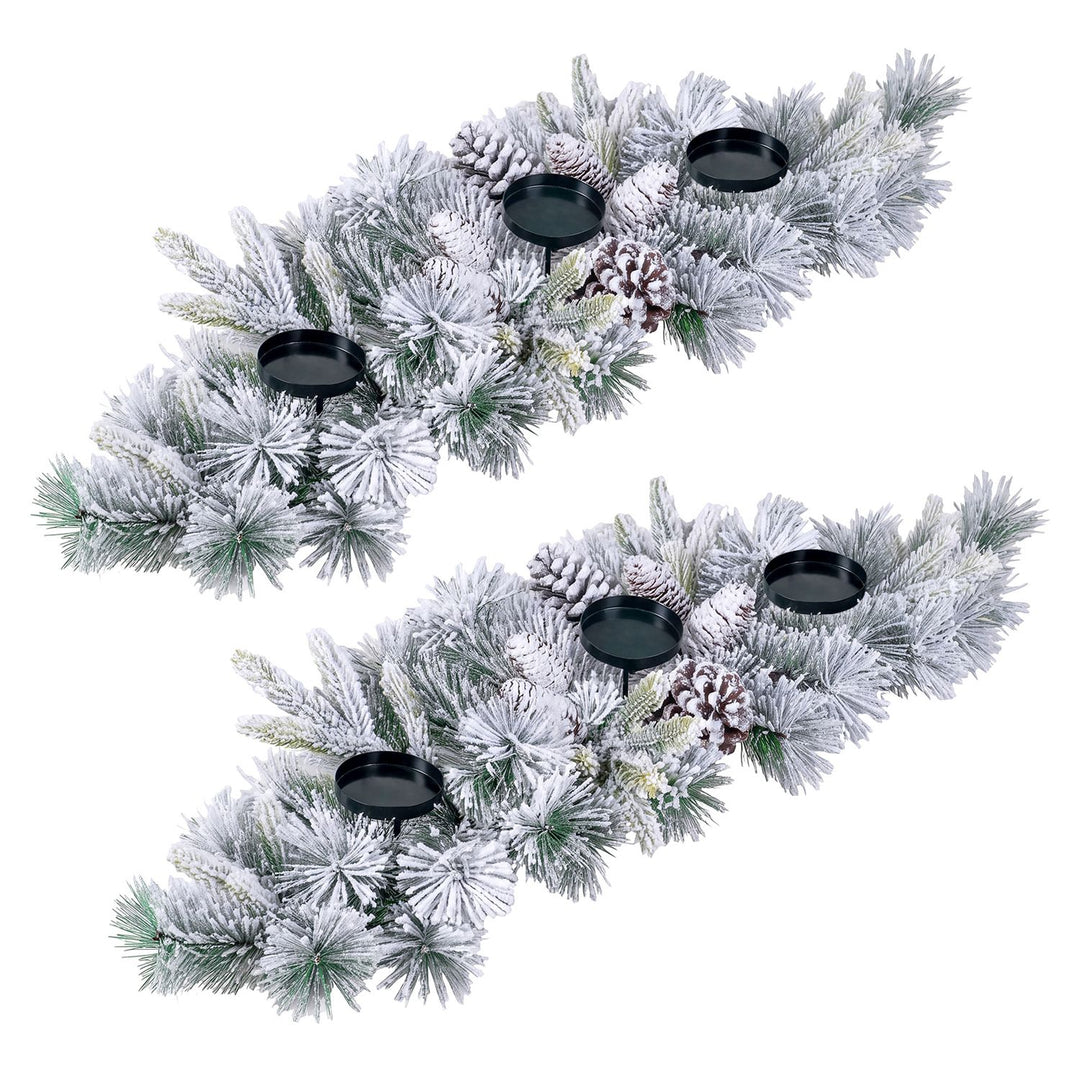 28" Foldable Christmas Centerpiece 3 Candle Holder Set of 2 with Pine Needles and 6 Natural Pine Cones