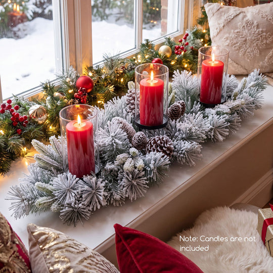 28" Foldable Christmas Centerpiece 3 Candle Holder Set of 2 with Pine Needles and 6 Natural Pine Cones