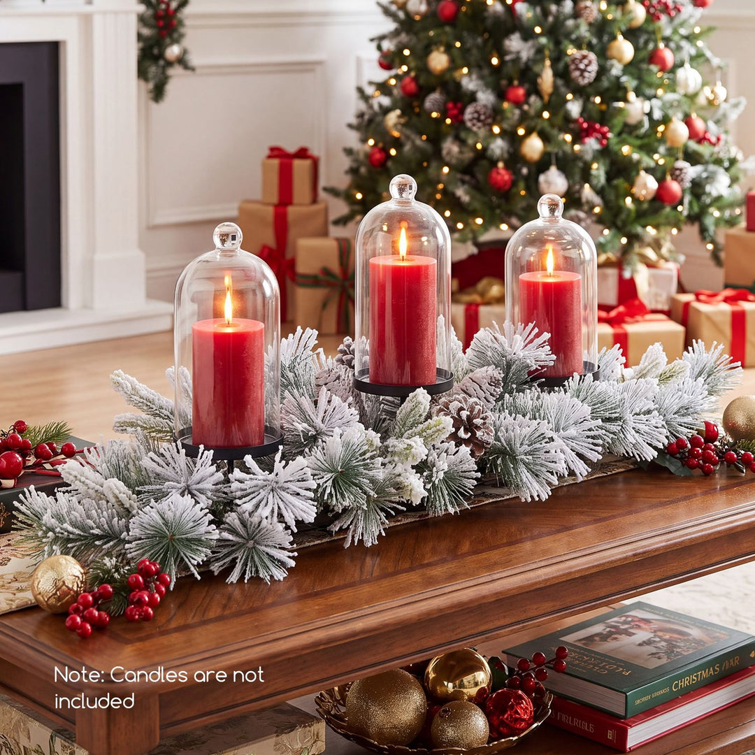 28" Foldable Christmas Centerpiece 3 Candle Holder Set of 2 with Pine Needles and 6 Natural Pine Cones