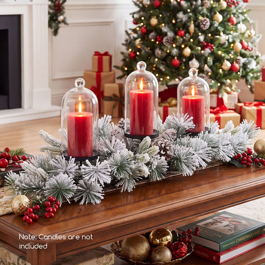 28" Foldable Christmas Centerpiece 3 Candle Holder Set of 2 with Pine Needles and 6 Natural Pine Cones