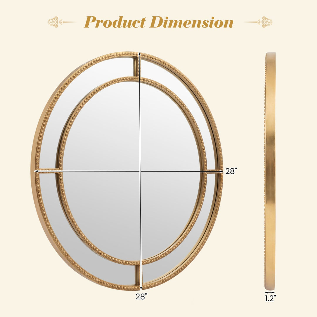 28 Inch Gold Round Wall Mirror with Beaded Frame for Living Room Entryway-Golden