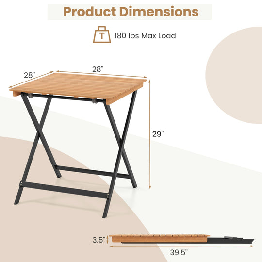 28 Inch Patio Folding Square Table with Slatted Tabletop for Backyard Porch