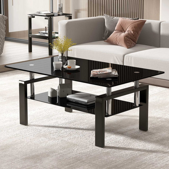 Tempered Glass Coffee Table with 2-Layer Design