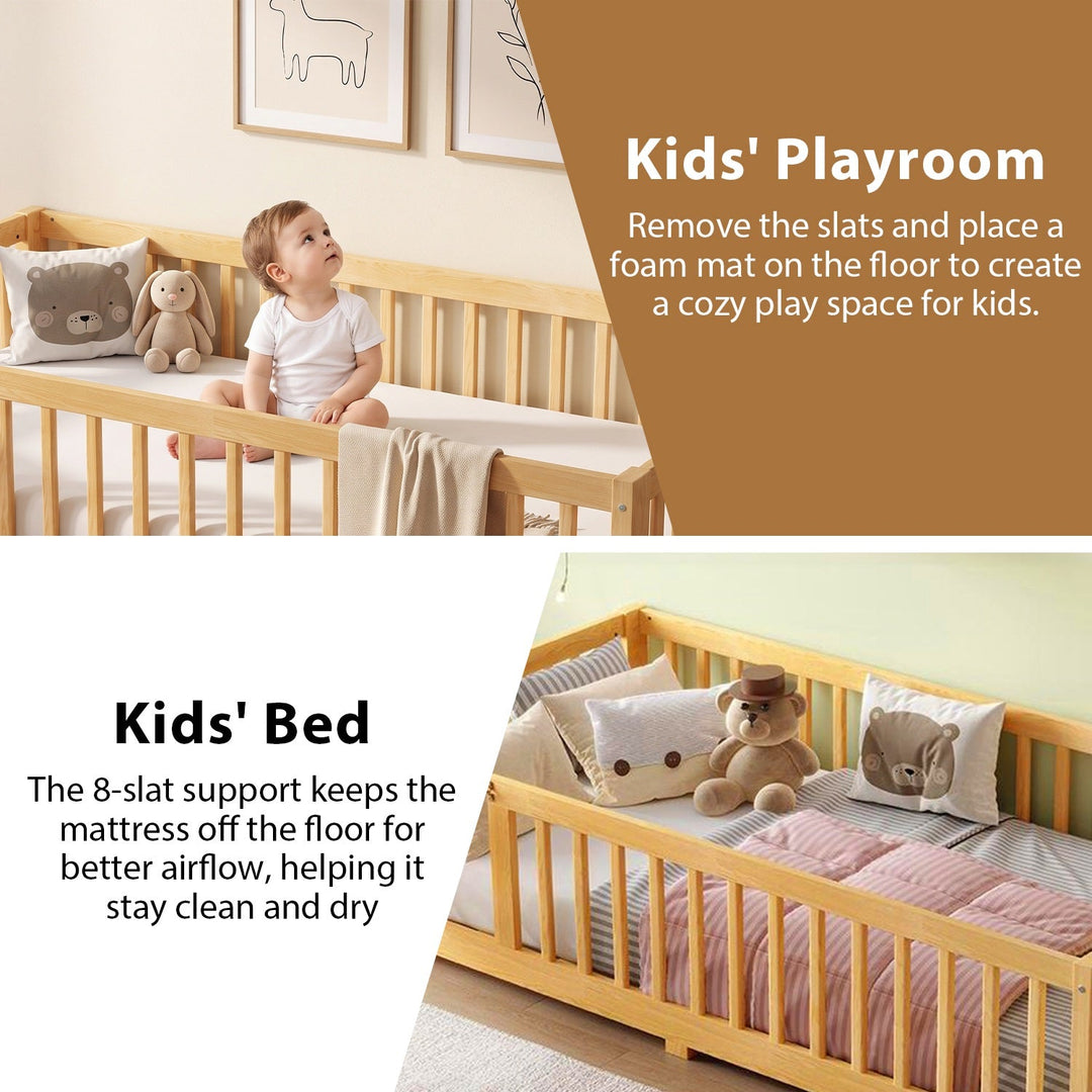Montessori Floor Bed with Safety Guardrails and Lockable Door