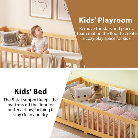 Montessori Floor Bed with Safety Guardrails and Lockable Door