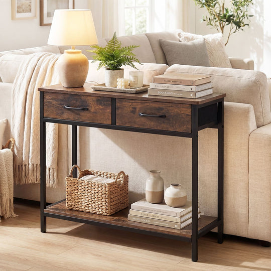 29.5” Narrow Console Table with 2 Fabric Drawers and Open Compartment