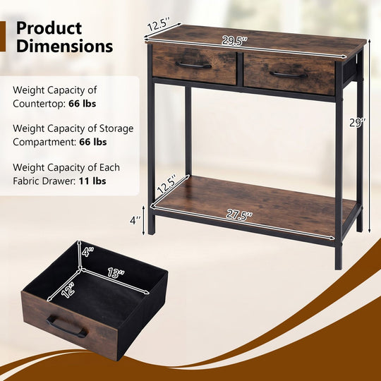 29.5” Narrow Console Table with 2 Fabric Drawers and Open Compartment