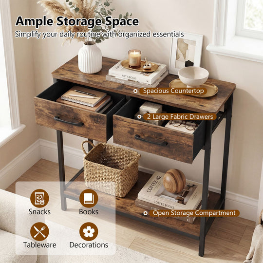 29.5” Narrow Console Table with 2 Fabric Drawers and Open Compartment