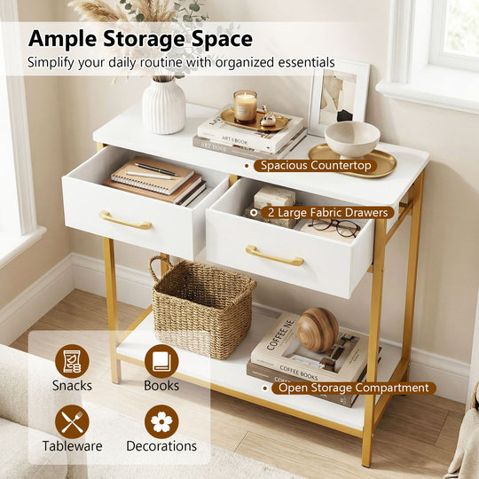 29.5” Narrow Console Table with 2 Fabric Drawers and Open Compartment