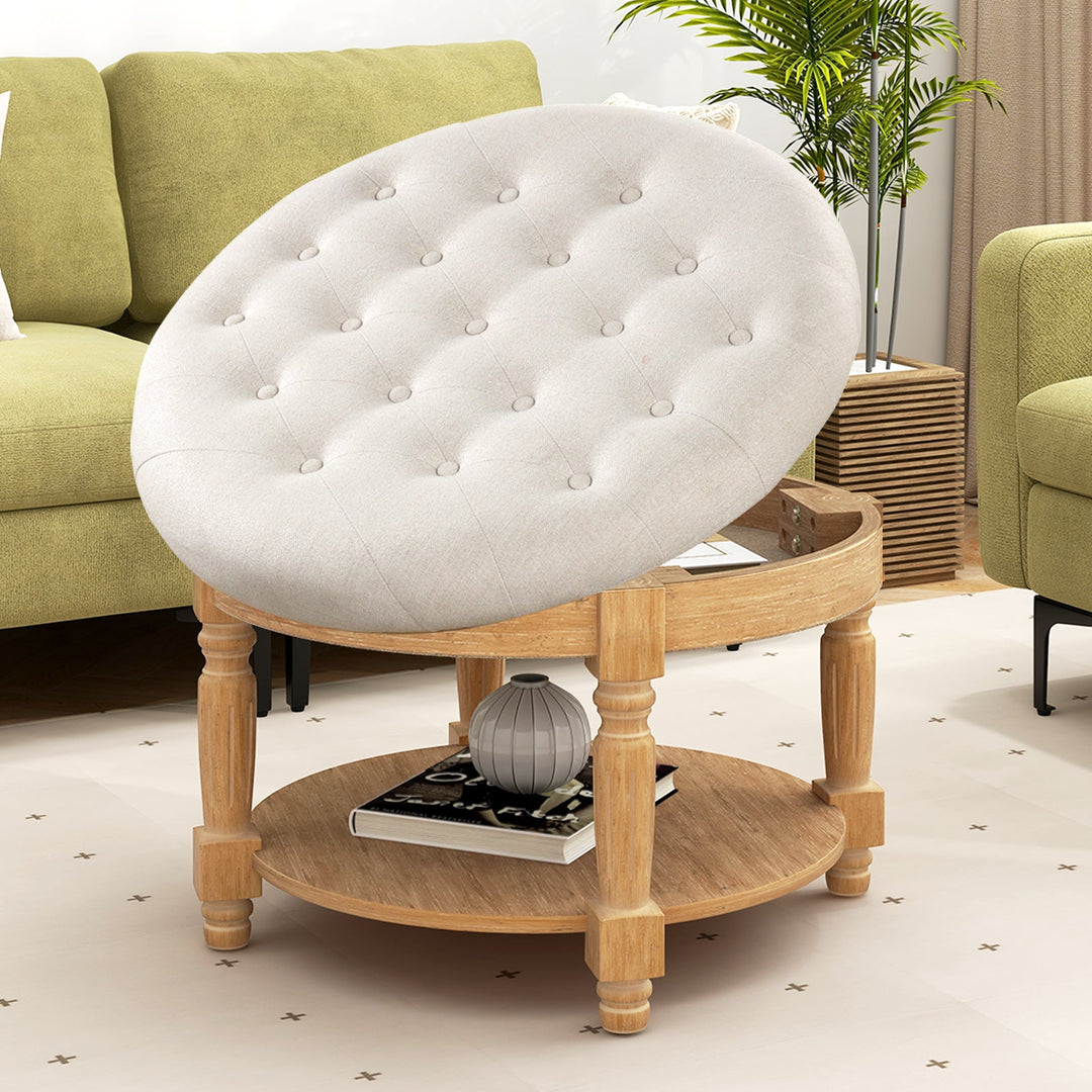 29 Inch Large Round Ottoman Coffee Table 2-Tier Upholstered Tufted Footrest Ottoman with Flip-up Top-Beige