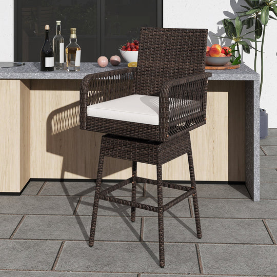 29 Inches Patio 360¬∞ Swivel Bar Stool with Cross-Woven Armrests and Seat Cushion-White