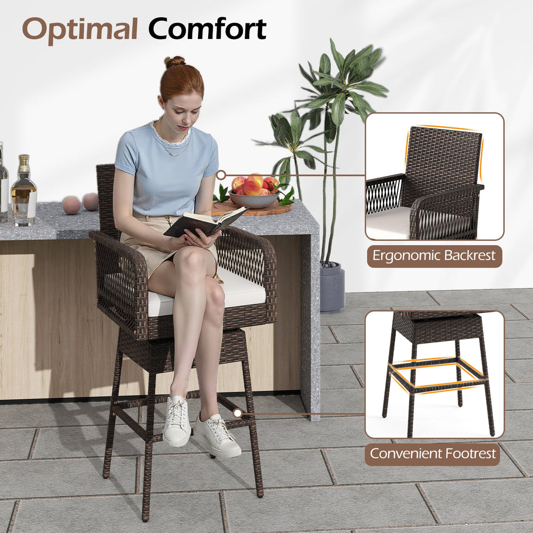 29 Inches Patio 360¬∞ Swivel Bar Stool with Cross-Woven Armrests and Seat Cushion-White