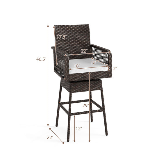 29 Inches Patio 360¬∞ Swivel Bar Stool with Cross-Woven Armrests and Seat Cushion-White