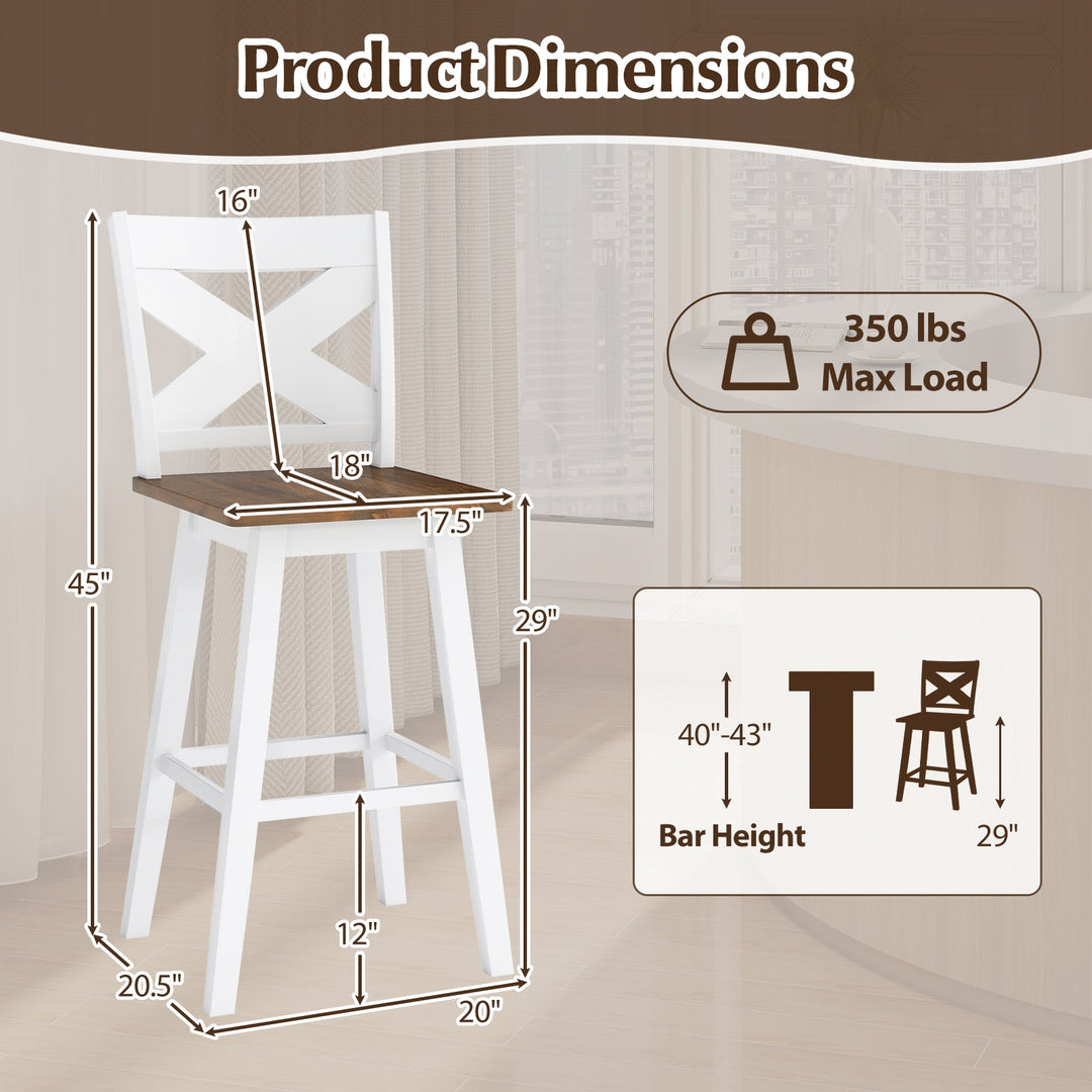 29" Rubberwood Swivel Barstools Set of 2 with Backrest and Large Seat