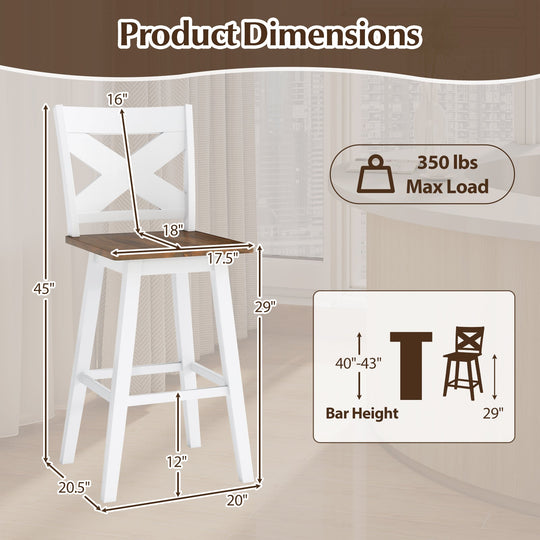 29" Rubberwood Swivel Barstools Set of 4 with Backrest and Large Seat