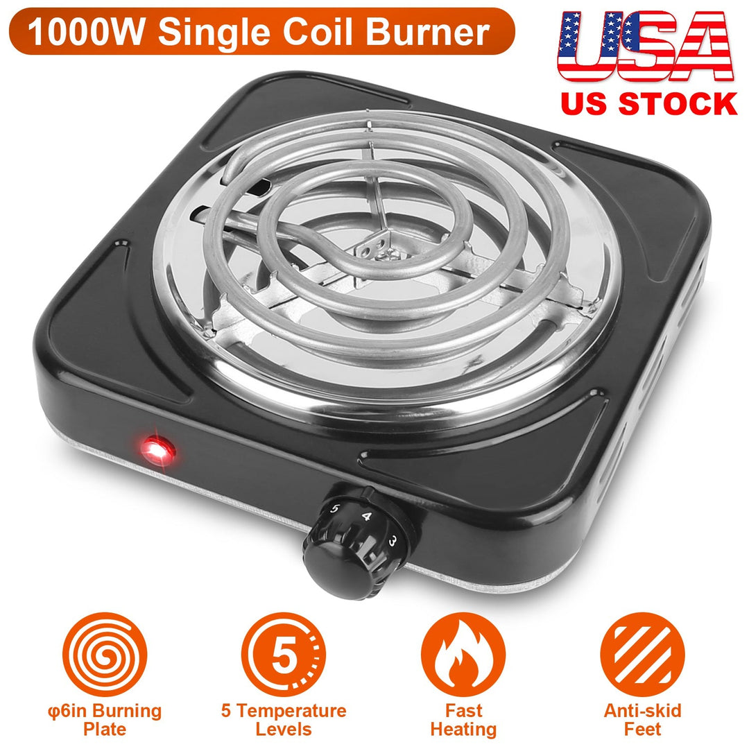 1000W Electric Single Burner Portable Coil Heating Hot Plate Stove Countertop RV Hotplate with Non Slip Rubber Feet 5 Temperature Adjustments