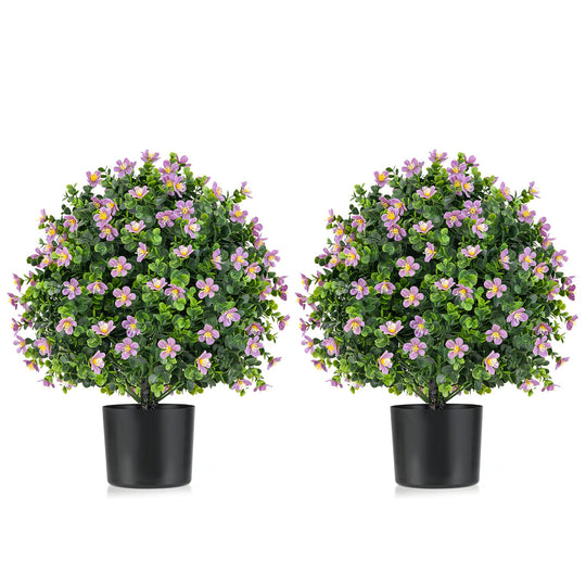 2 Pack Artificial Boxwood Topiary Ball Tree Faux Shrub Bushes with Flowers