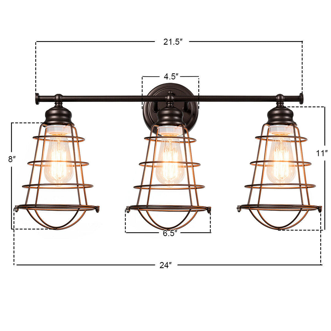 3-Light Vanity Lamp Bathroom Fixture with Metal Wire Cage