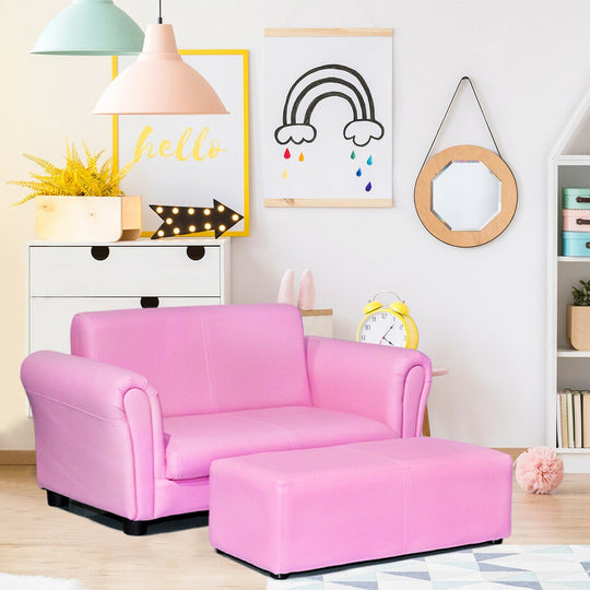 Soft Kids Double Sofa with Ottoman-Pink