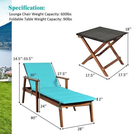 3 Pieces Portable Patio Cushioned Rattan Lounge Chair Set with Folding Table